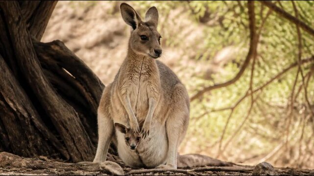 A mother kangaroo stands alert beneath the shade of a gnarled tree with her joey peeking from her pouch in the wild, showcasing maternal protection and the beauty of Australian outback wildlife.