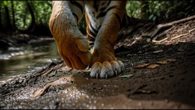 Close up of a majestic tiger paw as it steps deliberately onto a damp muddy riverbank by a flowing forest stream, capturing the intense details of fur and sharp unsheathed claws.
