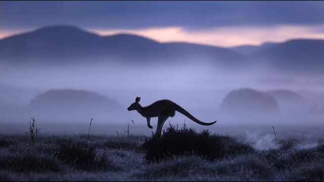 A graceful silhouette of a kangaroo leaps across a dew covered meadow as low hanging mist settles over the rolling hills during a serene purple dawn, capturing the beauty of Australian wildlife.