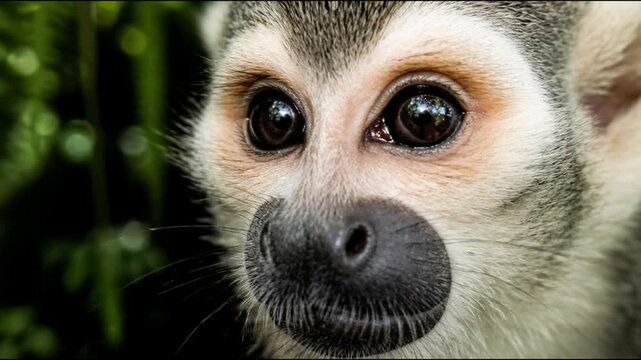 Stunning close up portrait of a squirrel monkey featuring large expressive eyes and fine fur, captured in a lush tropical jungle environment with beautiful soft bokeh background.
