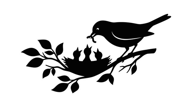 Bird feeding chicks in nest black silhouette on white background