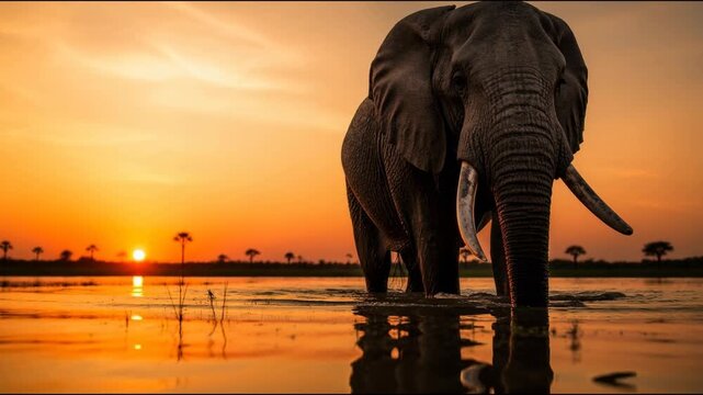 A majestic African elephant stands calmly in shallow water as its ears gently flap during a breathtaking sunset, reflecting perfectly in the golden ripples of the African savanna river.