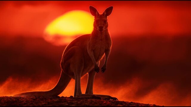 A majestic kangaroo stands in silhouette against a blazing oversized sunset, its powerful body casting a strong shadow against the red sky of the wild and beautiful Australian outback landscape.