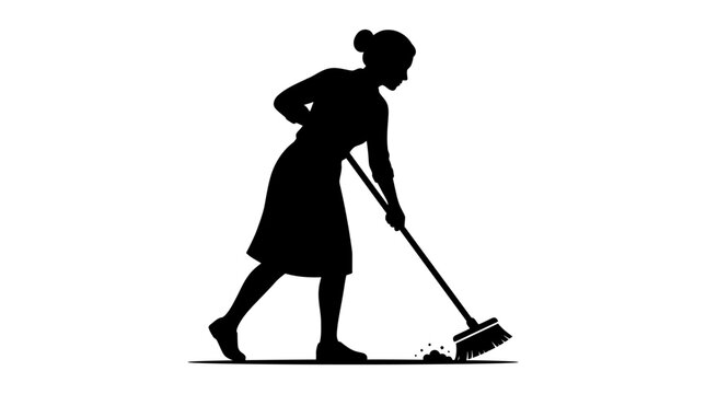 Woman Sweeping Silhouette Against White Background Domestic Chore Illustration
