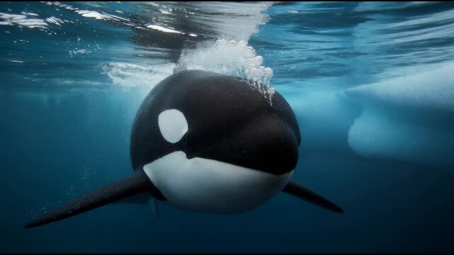 A majestic orca glides through deep crystalline blue waters with its sleek body cutting through the surface, showcasing the incredible beauty of marine life in its natural arctic habitat.