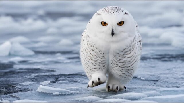 A majestic snowy owl with piercing amber eyes walks slowly across a frozen icy lake in this breathtaking winter scene, capturing the silent grace of an arctic predator on the move.