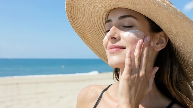 A woman in a straw hat gently rubs white sunscreen onto her cheek with a serene expression during a sunny day at the beach, showcasing summer skincare routine and tropical vacation relaxation.
