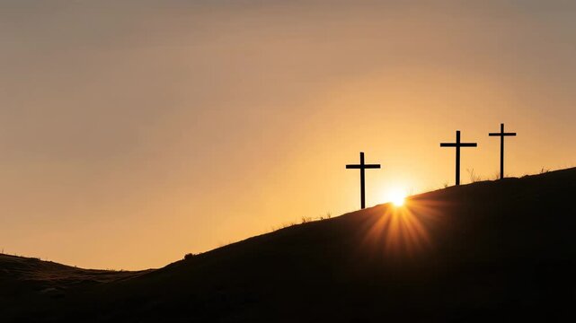 Three crosses silhouetted on hill at sunset, Christian faith symbol, Good Friday, Easter background, spiritual hope, biblical landscape, prayer, worship and sacred religious concept