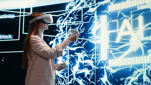 Admin wearing VR headset gear reports to AI brain displayed on digital dashboard, Worker completes assignments distributed by artificial intelligence superintelligence using virtual reality, camera B.