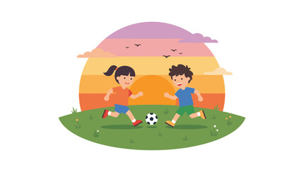 Naklejka premium Children playing soccer on a grassy field at sunset with a colorful sky
