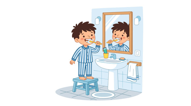 Cute boy in pajamas brushing teeth in front of bathroom mirror with toothpaste and toothbrush