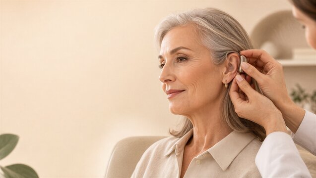 Audiologist fitting hearing aid for senior woman. Medical professional helping elderly patient with hearing loss. Modern healthcare technology for seniors at clinic. Improving quality of life