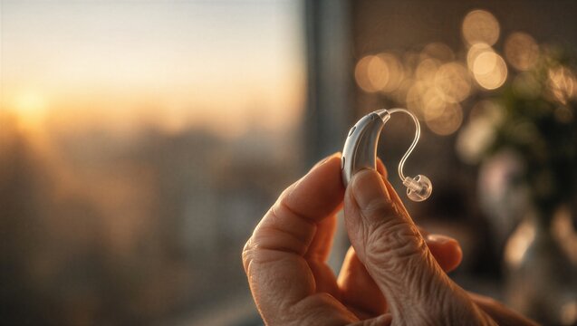 Senior woman holding modern hearing aid device. Solution for hearing loss and impaired auditory health. Medical technology for elderly care and improved communication in daily life