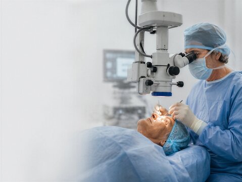 Ophthalmologist performing eye surgery on mature woman using microscope. Professional doctor conducting cataract operation in clinic. Advanced medical technology in healthcare procedure