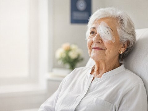Senior woman with eye patch sitting in hospital chair after eye surgery. Patient recovery process and medical ophthalmology treatment. Healthcare and vision improvement concept