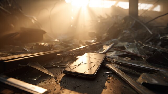 Broken phone lies amid shattered glass and debris. Sunlight filters through dust and wreckage, casting golden light. The scene evokes loss, abandonment, or aftermath of destruction