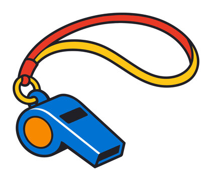 Blue sports whistle on a red and yellow lanyard, commonly used by coaches and referees for directing games and making calls