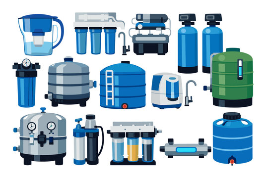 Icons of various water filters, reverse osmosis units, purifiers, and tanks for home, commercial, and industrial use