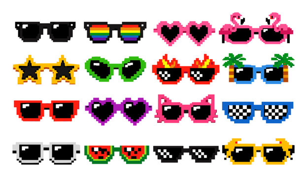 Variety of colorful pixel art sunglasses icons creating a retro digital design. Ideal for gaming, summer, party, and fashion themes