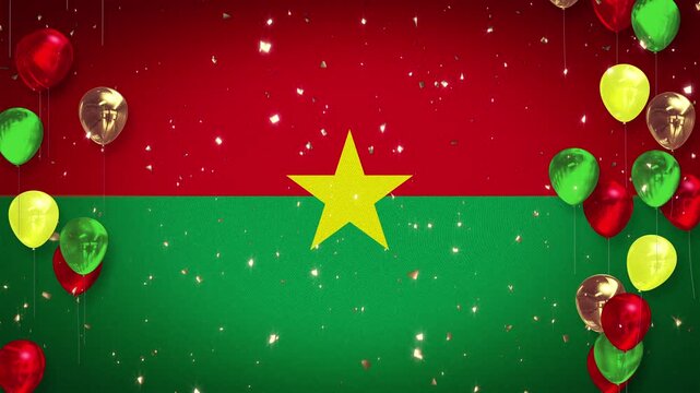 Loop, 4K video. Burkina Faso flag. Celebrations, events, sports, football, cycling, baseball. Background, athlete introductions. Confetti, red, green, and yellow balloons. Copy space. Burkina Faso.