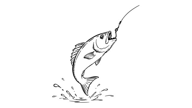 Simple hand drawn fish jumping from water toward a fishing hook, perfect for fishing, sport, outdoor, and marine concepts.