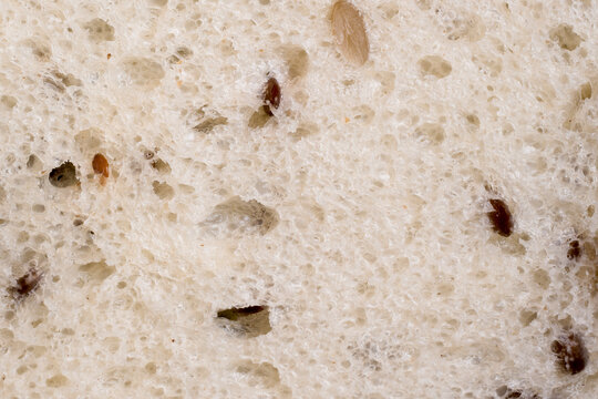 Macro shot of soft multigrain white bread crumb with visible seeds and textured air pockets.