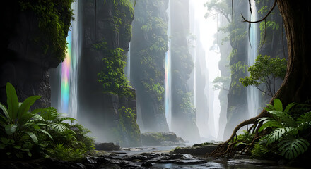 Fototapeta premium Waterfall cascading down mossy cliffs in tropical rainforest with rainbow mist