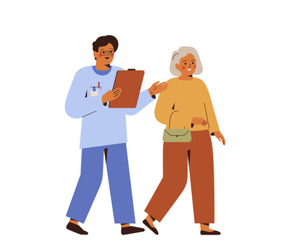Doctor explains and walk with senior woman. Medical exam of elderly female patient in hospital. Physical and mental health support and care mature people. Vector illustration