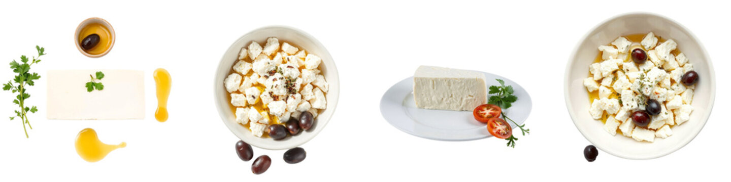 set of pictures for Traditional Bulgarian sirene cheese in brine with crumbled texture isolated on white background