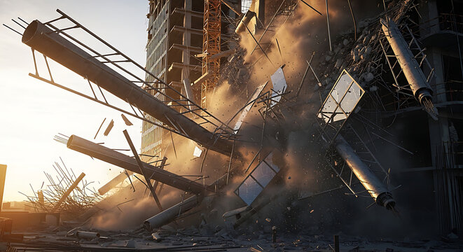 Dramatic construction site disaster featuring a massive scaffolding accident and scaffolding roof collapse with falling debris and dust clouds at sunset