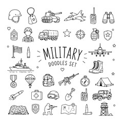 Military doodles set. Hand drawn vector doodle set on white background © Roman