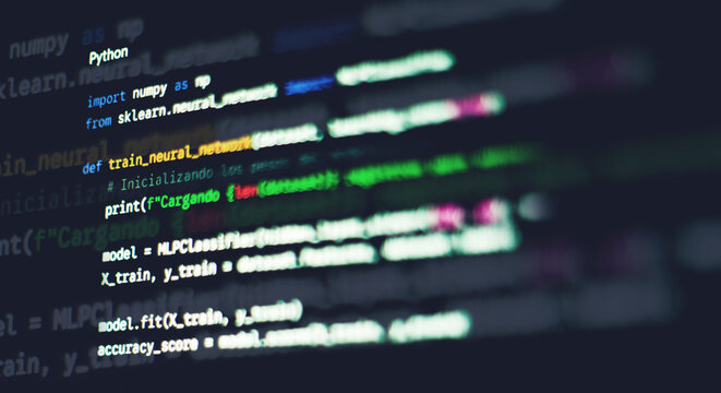 Python machine learning code with neural network syntax displayed on a dark monitor screen