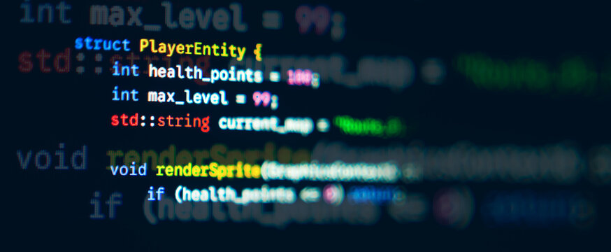 C game development code snippet with player entity structure displayed on a dark screen