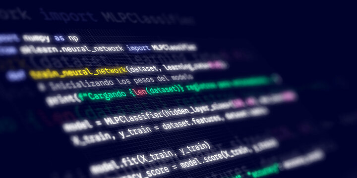 Close up of a computer screen showing Python machine learning code for a neural network using scikit learn