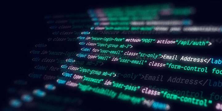 Glowing HTML code snippet of a secure login form with email and password input fields on a dark background