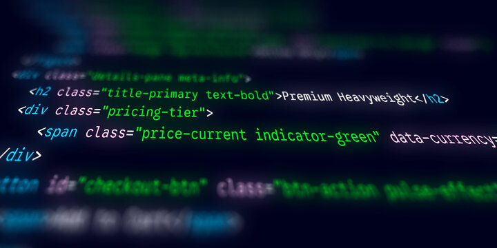 Illuminated code syntax showing e-commerce pricing tiers and a checkout button on a dark blurred background