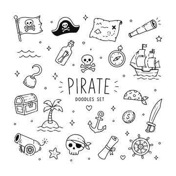 Pirate doodles set. Hand drawn vector doodle set on white background