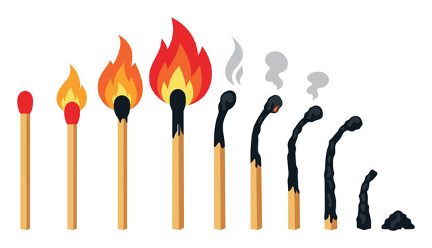 Matchsticks illustrating the stages of life and burnout, from a fresh match to fully burned out and reduced to ash