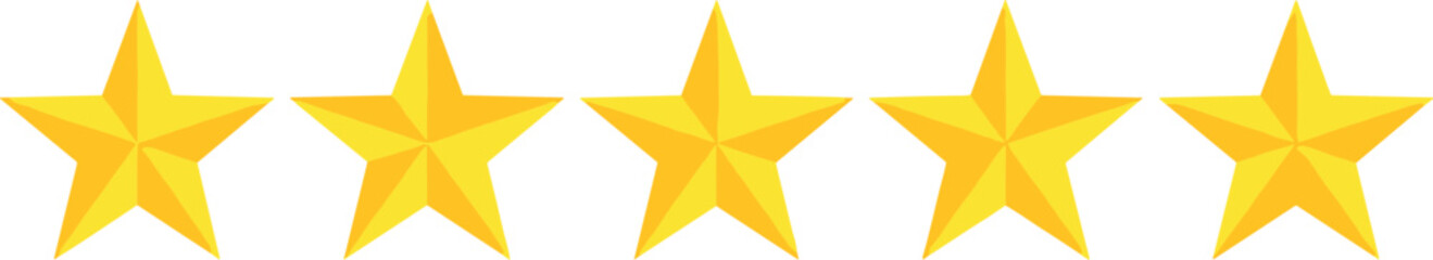 Obraz premium Five bright golden yellow fivepointed stars arranged in a horizontal line against a clean white background conveying a perfect rating or achievement