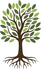 Fototapeta premium Stylized illustration of a brown tree with spreading branches and roots adorned with green leaves symbolizing growth and nature on a white background