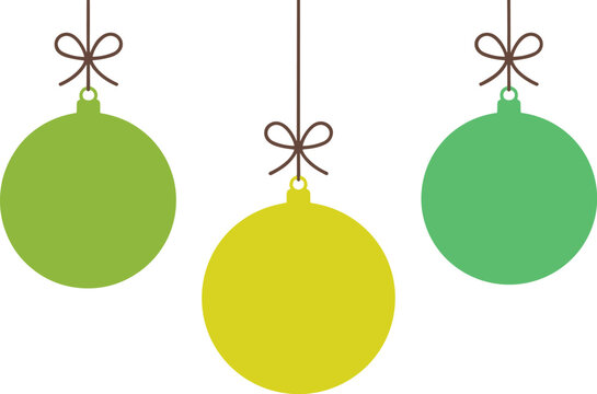 Three colorful Christmas ornaments in green and yellow hanging with brown string and bows