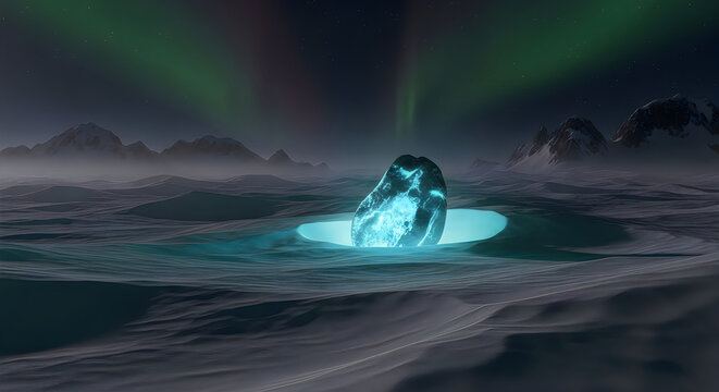 Glowing Blue Crystal Meteorite landing on Snowy Arctic Landscape under Aurora Borealis