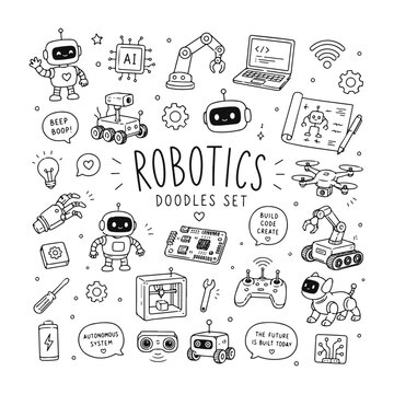 Robotics doodles set. Hand drawn vector doodle set on white background