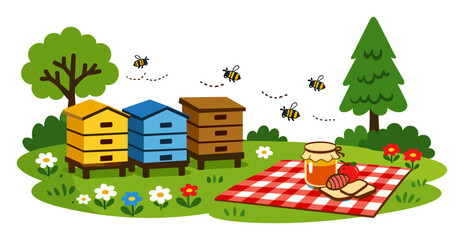 Fototapeta premium Beekeeping concept with colorful beehives, flying bees, and a picnic blanket with honey, apple, and bread in a green meadow