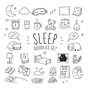Sleep doodles set. Hand drawn vector doodle set on white background