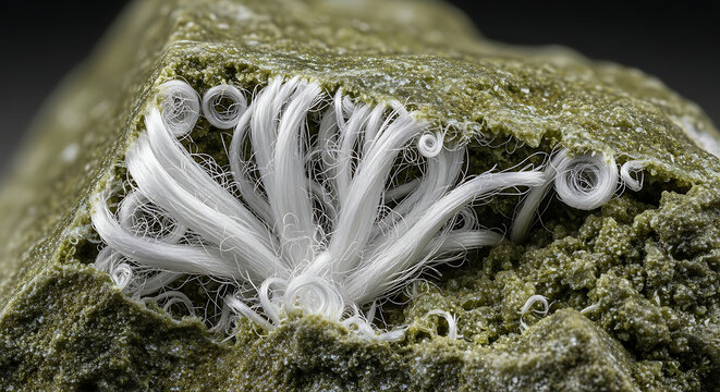 Macro View of Raw White Chrysotile Asbestos Fibers in Serpentine Rock Illustrating Hazardous Building Materials for Remediation Abatement and Health Risk Education