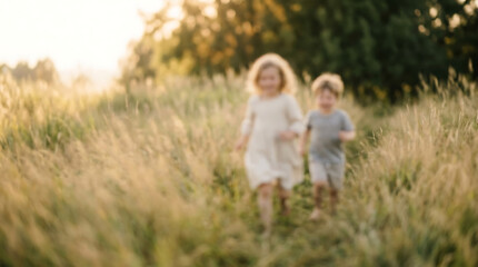 Fototapeta premium Children run joyfully through a tall grass field during the golden hour while exploring the beauty of nature in the countryside.