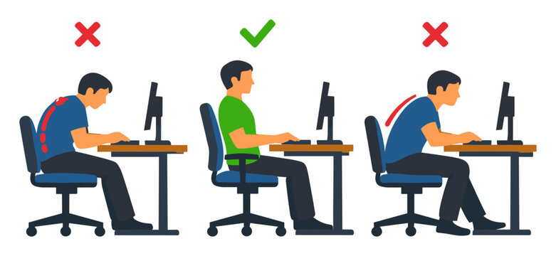Man demonstrating good and bad sitting positions at a desk workstation, focusing on ergonomic health and posture awareness