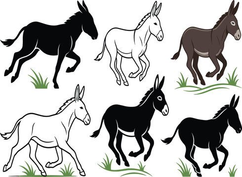 Running donkey farm animal vector silhouette and outline set, isolated illustrations on white background