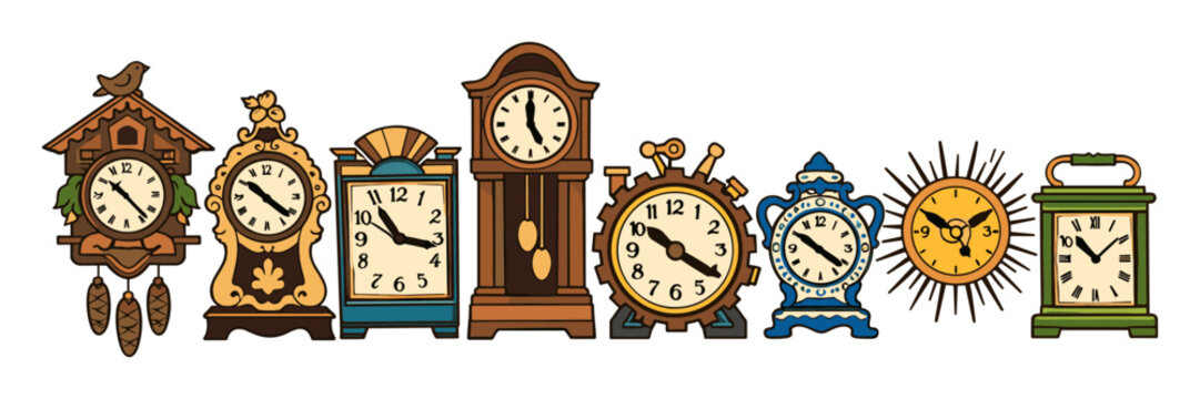 Assortment of vintage timepieces, including a cuckoo clock and grandfather clock, representing history and tradition
